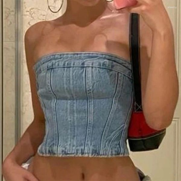 Kadın Tankları Yaz Kadınlar Mavi Denim Tüp Top Amerikan Vintage kolsuz kaymaz kot tank bralette kız modaya uygun sokak kıyafetleri