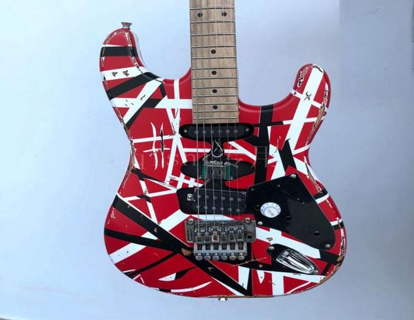 Chitarra elettrica Edward Eddie Van Halen Nero Bianco Stripe Red Heavy Relic Manico in acero Floyd Rose Tremolo Dado di bloccaggio6175587