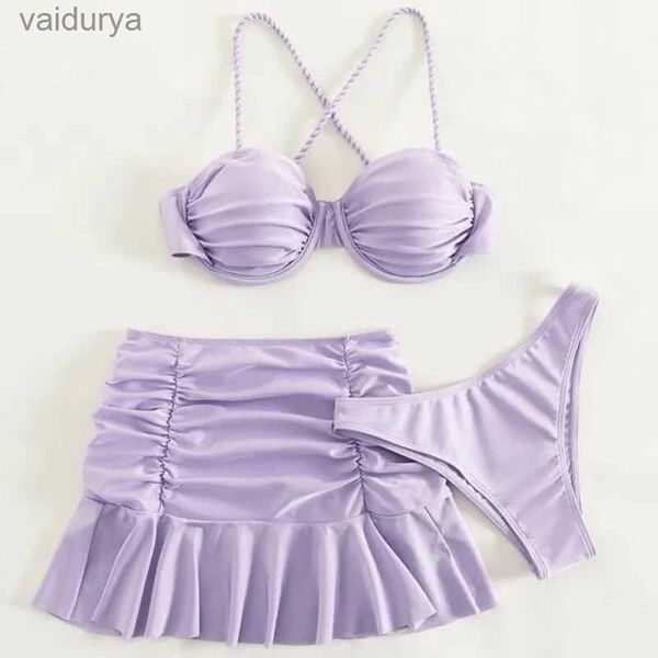 Costumi da bagno da donna 2024 Set da 3 pezzi Costume da bagno da donna Perizoma bikini sexy con gonna a volant pareo Costume da bagno da bagno viola Copricostume yq240330