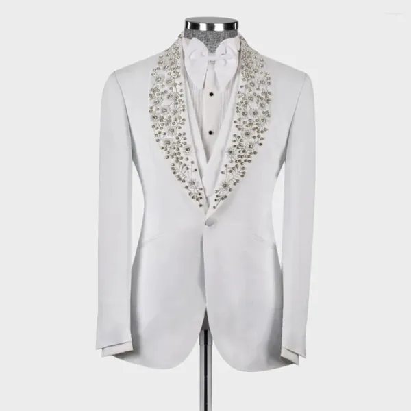 Abiti da uomo Smoking da uomo di lusso Smoking su misura Cristalli che bordano Prom Blazer Set Groomsman formale 3 pezzi Abbigliamento moda maschile