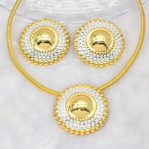 Collana Orecchini Set Moda Donna Cerchio Ciondolo rotondo Africano Dubai 24K placcato oro argento per matrimonio nuziale