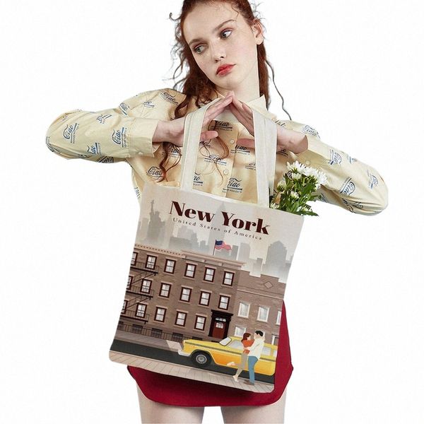 fi City Map Ld New York Parigi Spagna Shopper Borse Tote Lady Borsa su entrambi i lati Casual Canvas Donna Shop Bag 38Gc #