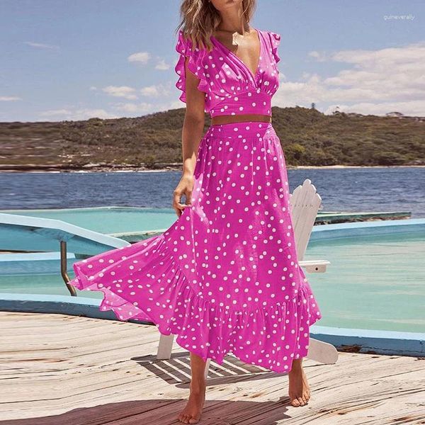 Vestidos de trabalho verão polka dot impressão praia conjunto 2024 feminino férias elegante profundo decote em v colheita topos cintura alta grande bainha saias roupas