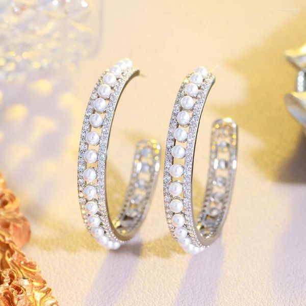 Brincos de argola threegraces elegante branco zircônia cúbica pérola simulada para mulheres chique coreano moda festa de casamento jóias e1333