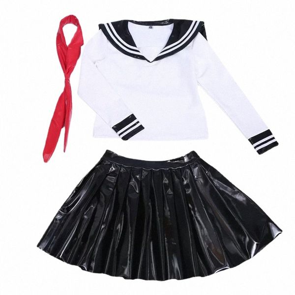 Weiße Schulmädchen-Leder-PVC-Uniform Japanische Klassen-Marine-Seemann-Studenten-Kleidung für Mädchen Anime-Seemann-Mo 3 Teile/Satz v0PC #