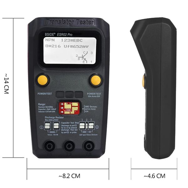 Многоцелевой транзисторный транзисторный ESR/SMD-тестер Bside ESR02PRO Smart Diode Triode Triode Compacitance Meter ЖК-метр MOS/PNP/NPN Тест