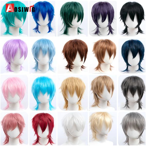 Perucas aosiwig cosplay sintético curto fofo liso homens anime peruca com franja natural rosa vermelho azul dia das bruxas harajuku anime hairsty