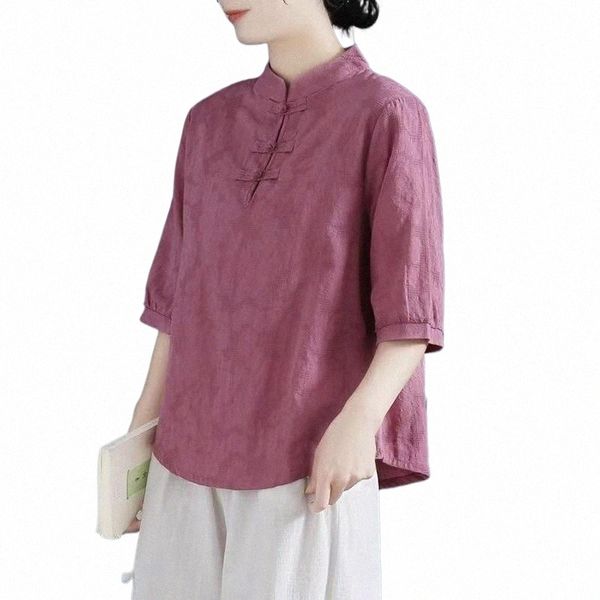 Летняя традиционная китайская женская одежда Тан Ханфу Весна Осень Рубашка Блузка Свободный топ для отдыха Винтажная футболка Чайный сервиз G9QH #