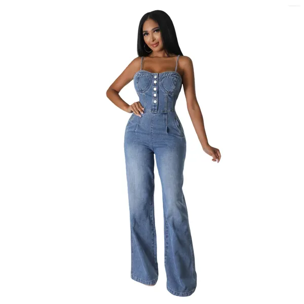 Damen-Jeans, Damen-Denim-Overall, weites Bein, Hose, modisch, lässig, sexy Hosenträger, ausgestellte Hose.