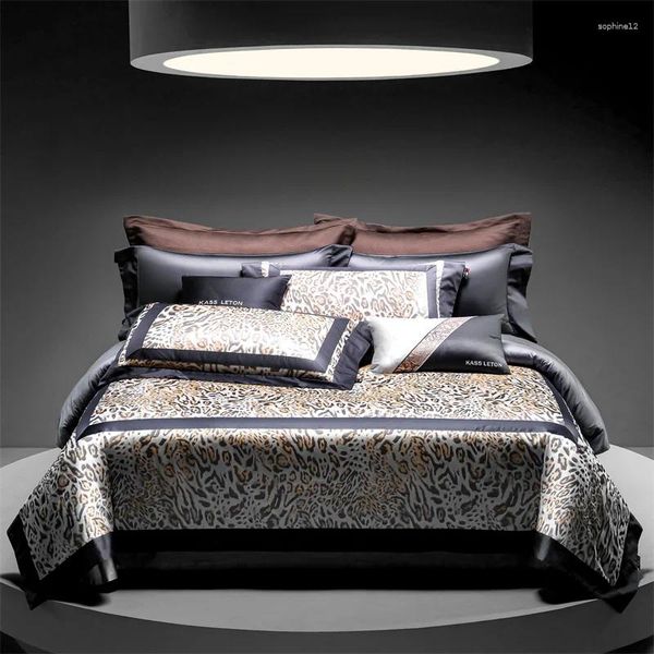 Conjuntos de cama 1400TC Algodão Egípcio Sexy Leopard Print Luxury Set Silky Soft Duvet Cover Plana / Equipada Folha de Cama Fronhas