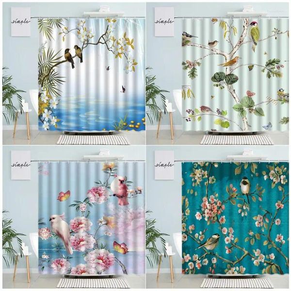 Tende da doccia Stile cinese Fiori Uccelli Rami Foglie verdi Rosa Floreale Farfalla Retro Acquerello Tessuto Bagno Decor