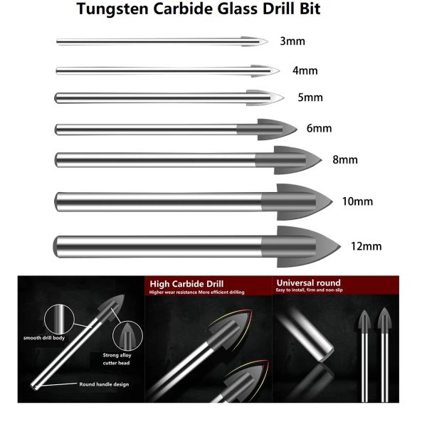 Bit de broca de 3-12mm de broca de vidro de tungstênio carboneto com ponta de cerâmica Ferramenta de potência de cortador de azulejos 1/4 