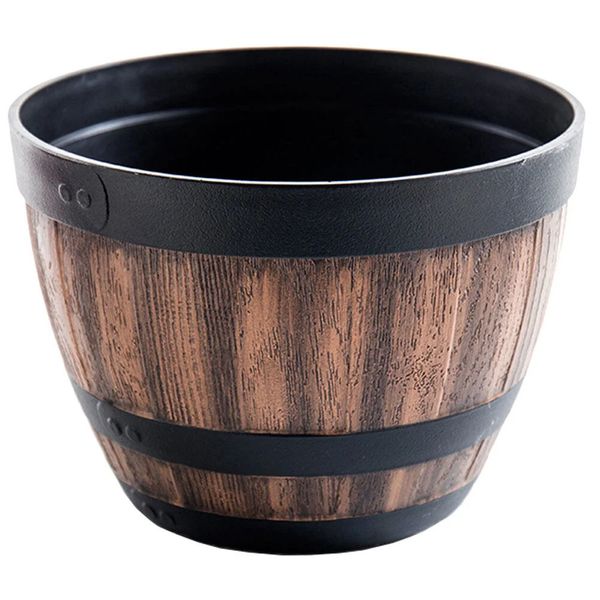 Vaso de flores para jardim, caixa de plantio retrô, barril de madeira falsa, balde de plástico, imitação de flores, decoração 240320