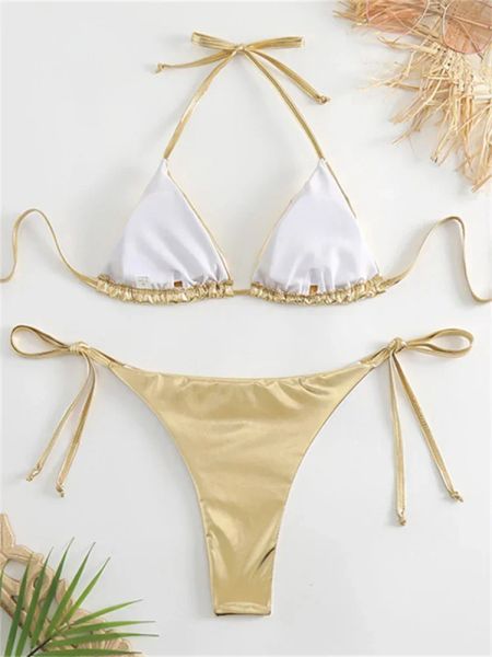 Seksi Brozing Gold Bikini Setleri Kadınlar Katı Kırmızı Push Up Micro Mayo 2024 Brezilya Plajı Mayo Takım Knot Yan Tang Mayo