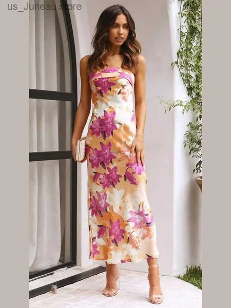 Grundlegende Freizeitkleider, schulterfrei, Satin, mit Blumenmuster, Maxikleid, Dame, elegant, groß, rückenfrei, ärmellos, Vestidos, Damen, lässig, Urlaub, Party, Roben, T240330