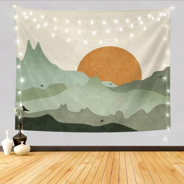 Wandteppiche, grüner Berg, Sonne, Boho-Wandteppich, einfache Kunst, Sonnenaufgang, Natur, Sonnenuntergang, Landschaft, abstrakte ästhetische Wand, Schlafzimmer, Wohnzimmer