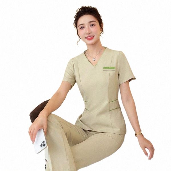 2024 Uniformi di alta qualità Tuta da donna Khaki Top + Pantaloni Set da 2 pezzi Personale dell'hotel Abbigliamento da lavoro Beauty Sal SPA Uniforme S-4XL v1br #