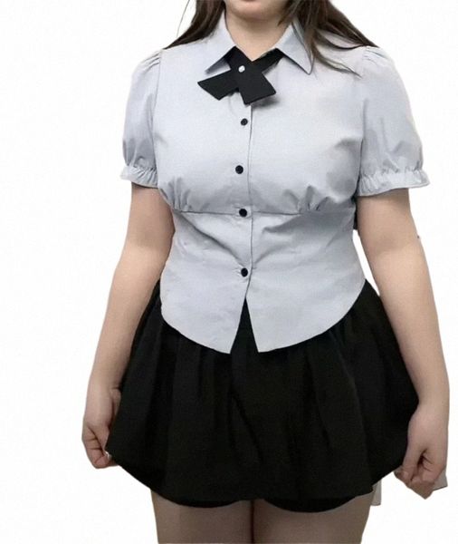 Frauen Plus Größe 4XL JK Uniform Set Zweiteilige Tägliche Mädchen Kurze Puffärmel Hemden Sommer Sammeln Taille Schlank Bluse Schwarz Rock T7dn #