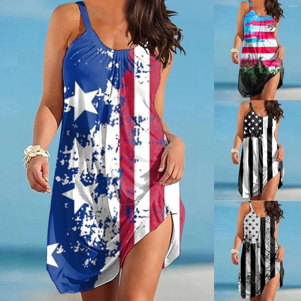 Vestidos casuais verão para mulheres 2024 dia da independência elegante o pescoço sem mangas sundress boêmio cobrir feminino