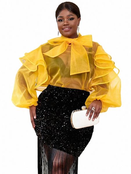 2024 Camicetta gialla alla moda per le donne Top in tulle trasparente See Through Bowtie Ruffles Trim Shirt Fi Office Work Club Plus Size 4XL v9uJ #