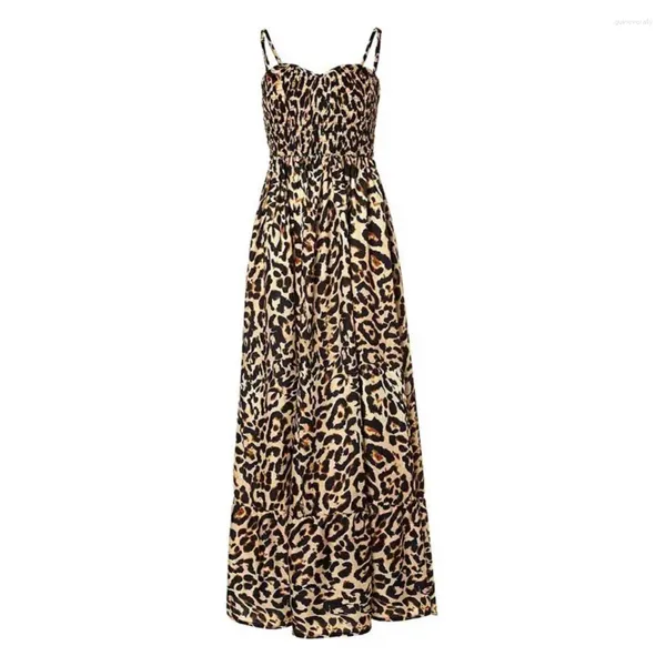 Vestidos casuais vestido estampado leopardo impressão backless strappy maxi com decote em v design férias femininas