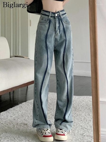 Frauen Jeans Frühling Lange Hose Frauen Unregelmäßige Gestreifte Patchwork Mode Hohe Taille Damen Hosen Koreanische Lose Breite Bein Frau Hosen