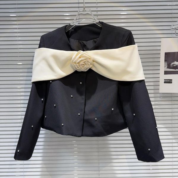 Jaquetas femininas primavera 2024 blazer mulheres design 3d flor lace-up diamantes cor bloco curto jaqueta casaco outwear manga longa 43927