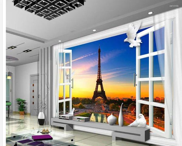 Sfondi Carta da parati personalizzata 3d Finestre Finestra Torre Eiffel Sfondo Murale Po per pareti