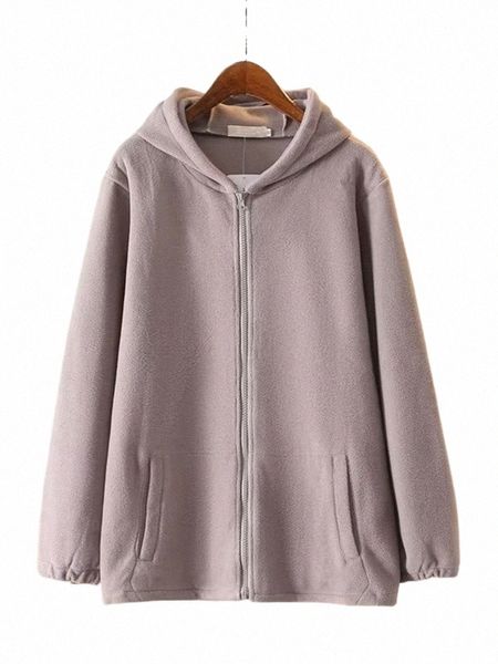 Plus Size Damen Herbst- und Winter-Kapuzenjacke mit Lg-Ärmeln, doppelseitiges Plüsch-Sweatshirt mit Taschen-Strickjacke mit Reißverschluss y82P #