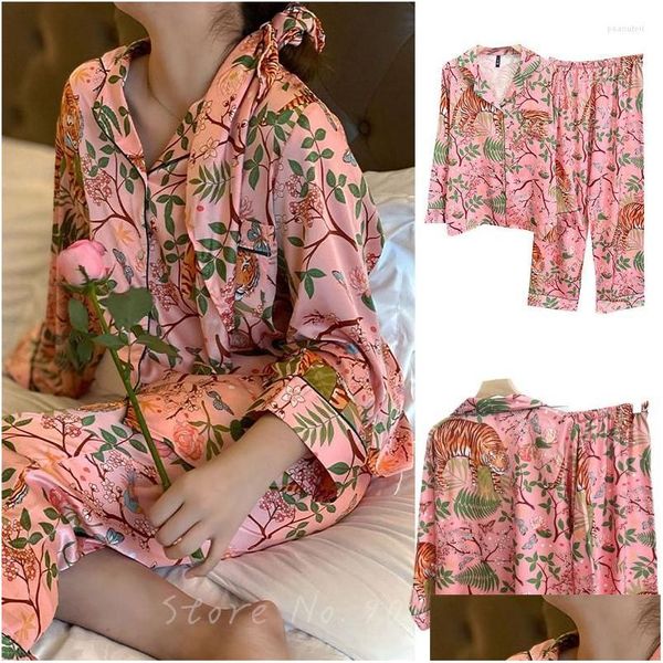 Женская одежда для сна Розовый атлас для женщин Пижамы с принтом тигра в джунглях 2 шт. Длинная рубашка Брюки Пижамы Повседневная ночная рубашка Весенняя доставка A Dh92M