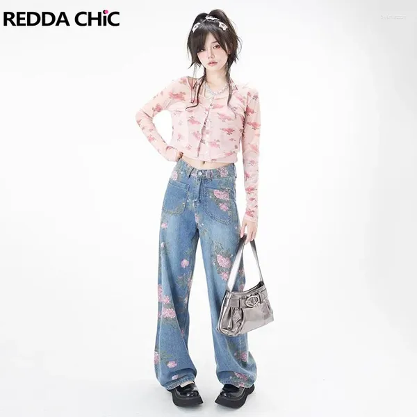 Jeans da donna REDDACHiC Stampa estetica Rose Baggy per le donne Pantaloni larghi casual a vita alta blu Pantaloni a gamba larga Fairycore Retro Y2k