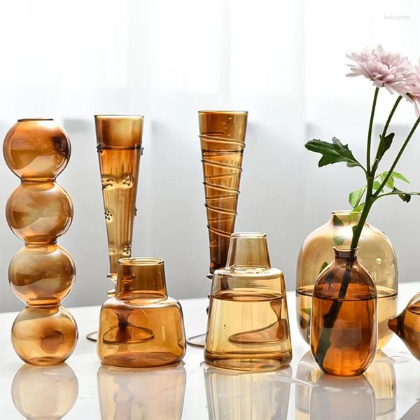 Vasos retro vaso de vidro europeu elegante arranjo de flor marrom hidroponia plantas garrafa desktop ornamentos casa arte decorações