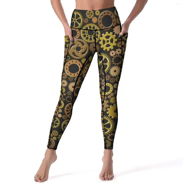 Leggings da donna Stile Steampunk Ingranaggi sexy Stampa Pantaloni da yoga fitness Collant sportivi elastici a vita alta con tasche Leggins grafici dolci