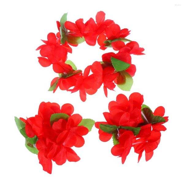 Flores decorativas 1 conjunto 4 peças colar de guirlanda havaiana pulseiras engrossar festa de praia tropical acessórios extravagantes (vermelho)