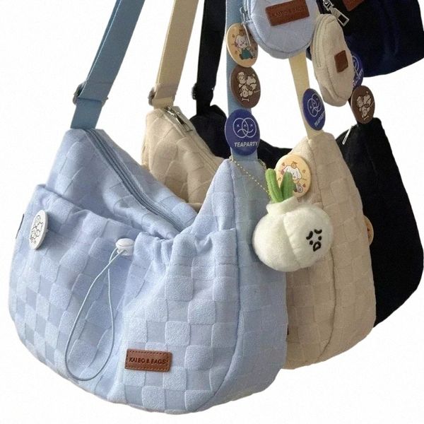 Xiuya Harajuku Стиль Колледж Сумка через плечо Сплошной цвет Клетчатый принт Большая вместительная сумка через плечо Новая милая дизайнерская сумка Fi A2R6 #