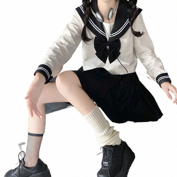 Japonês Uniforme Escolar Meninas Plus Size Jk Terno Gravata Preta Branca Três Uniforme Básico de Marinheiro Mulheres Lg Manga Terno g6jz #