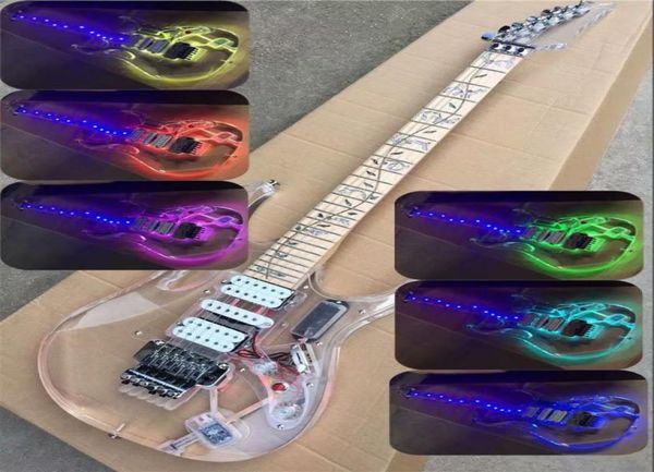 Bunte LED-Licht-E-Gitarre mit Acrylkorpus und Floyd-Rose-BrückeHSH-Tonabnehmern können individuell angepasst werden3047283