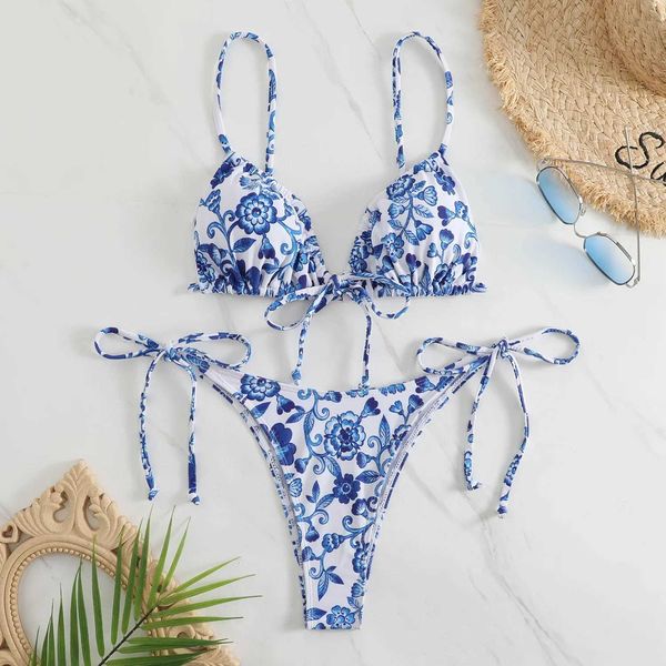 Damen-Bademode, sexy bedruckter Mini-Bikini, blau-weißer Porch-Bikini-Badeanzug, Damen-Bikini, Tanga-Bikini-Badeanzug-Set J240330