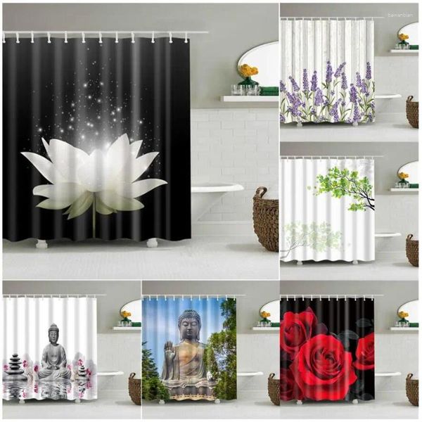 Cortinas de chuveiro flores de lótus brancas rosa plantas folhas árvores lavanda zen orquídea buda frabic cortina de banheiro decoração de casa ganchos