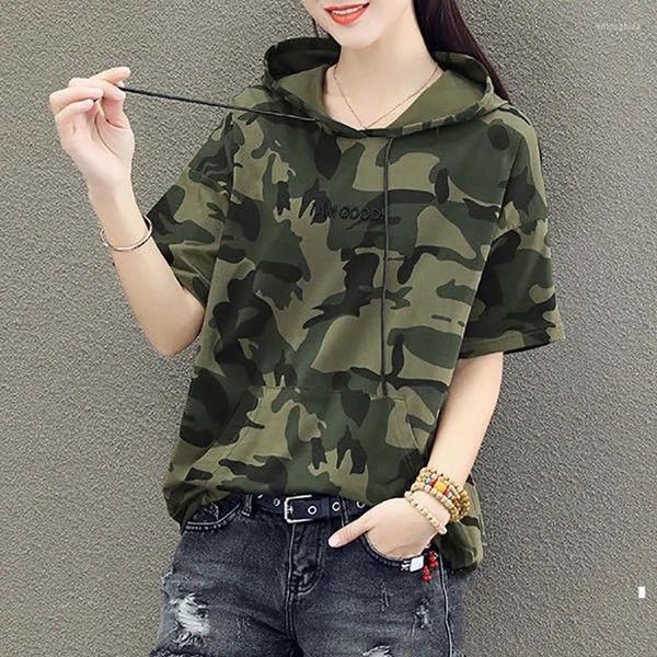 T-shirt da donna Moda con cappuccio stampato Lace Up Camouflage T-shirt Abbigliamento 2024 Primavera Allentato Casual Pullover Coreano Tee Shirt X766