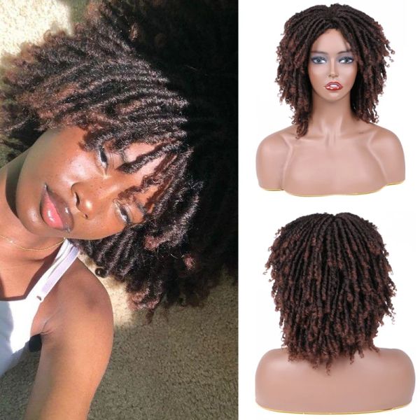 Perucas 6 Polegada dreadlock frente do laço perucas sintéticas áfrica trançado perucas curto falso locs cabelo macio dreadlock peruca para mulher negra marrom