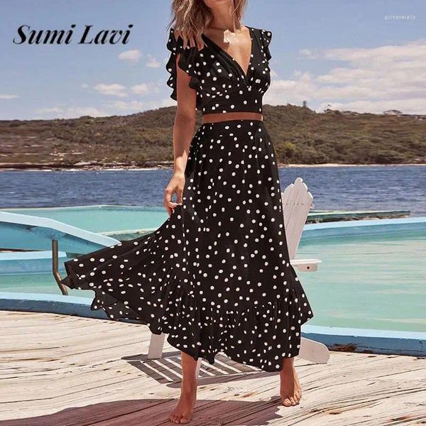 Vestidos de trabalho moda feminina polka dot print 2pc terno elegante com decote em v babados topos saia longa outfits 2024 casual sem mangas conjuntos de praia