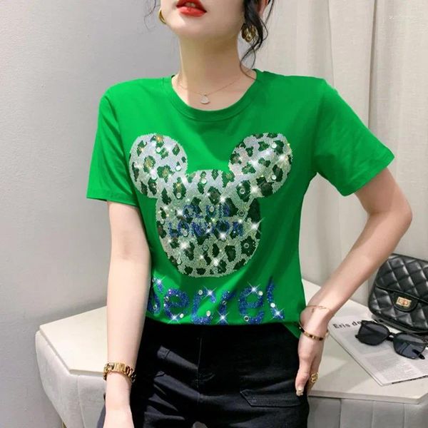 Frauen T Shirts Baumwolle Kurzarm Kleidung Europäischen T-Shirt Cartoon Brief Glänzende Diamanten Tops Damen Tees Weiblich