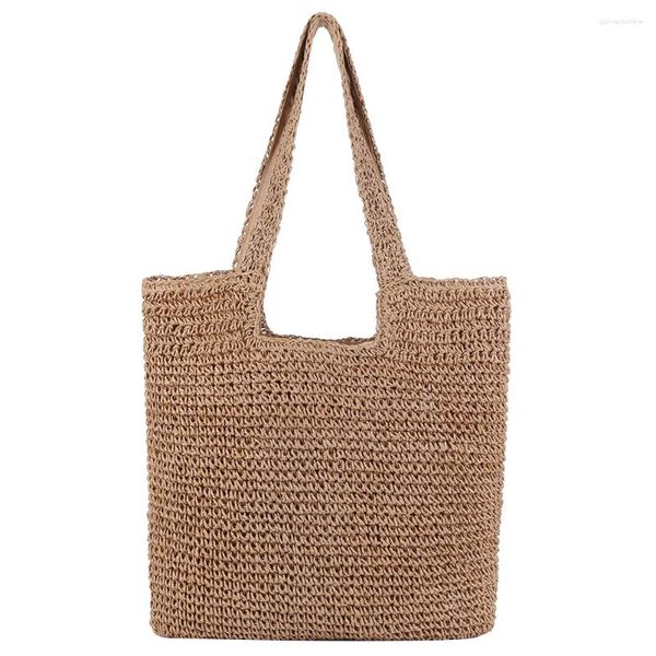 Bolsa de ombro feminina, bolsa de verão feita à mão, grande capacidade, corda de papel, artesanal, moda simples, casual