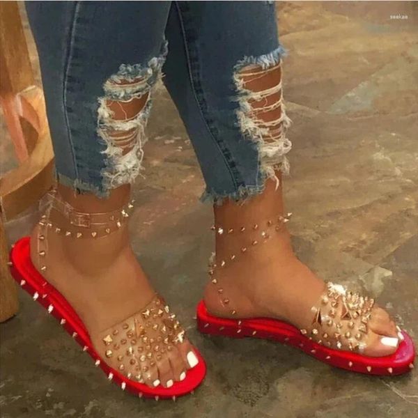 Scarpe Casual Sandali da Donna Rivetti Estivi Punk Cinturino alla Caviglia Scarpe da Donna Femminili Fibbia Pantofole da Donna Bling Trasparenti