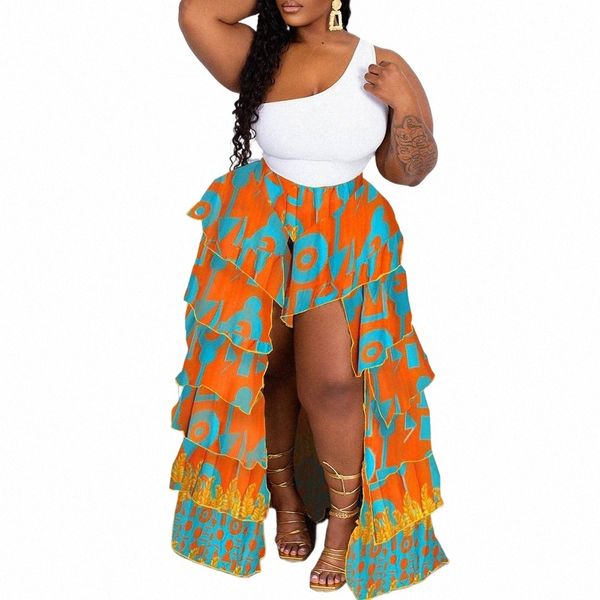 Plus Size Boho All Over Print Rüschen Unregelmäßiger Saum Stufenrock g0RN#