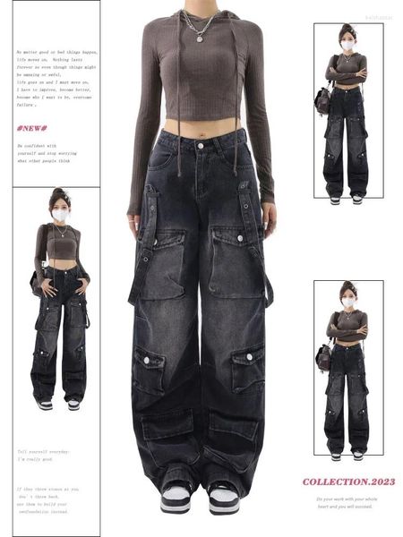 Jeans femininos mulheres vintage preto gótico carga y2k perna larga denim calças oversize cintura alta coreano calças largas 90s pant