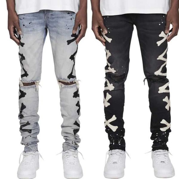 Jeans masculinos inteligentes casuais jeans masculinos com remendos cruzados de osso comprimento total joelhos destruídos lavados jeans rasgados para homens j240328