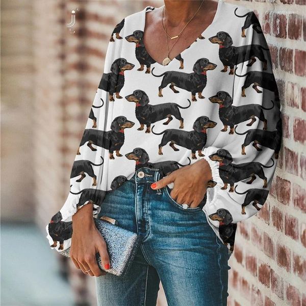 Blusas femininas bonito animal dachshund padrão chiffon verão 2024 mulher casual solto manga longa topos com decote em v camisas de mujer