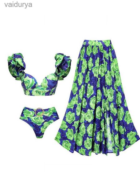 Costumi da bagno da donna 2024 Nuovo fiore verde diviso femminile Cover Up e costume intero sexy da donna Due / tre pezzi Costumi da bagno da spiaggia yq240330